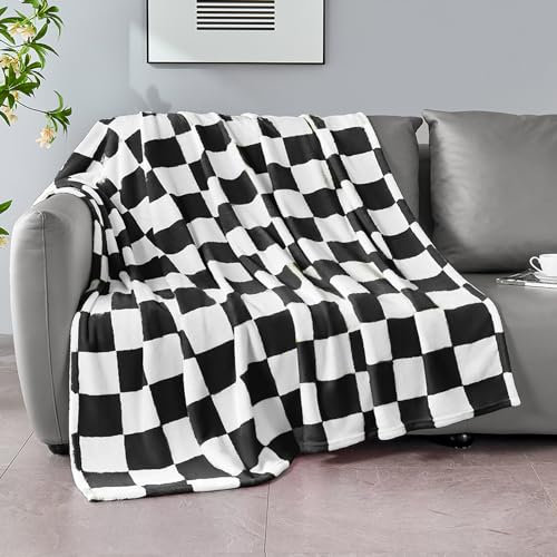 Edenleaf Schwarze, karierte Decke, weiche, gemütliche Fleece-Überwurfdecken für Bett, Sofa, Couch, Camping, ultraflauschige Überwürfe für alle Jahreszeiten, 152,4 x 203,2 cm, Schwarz
