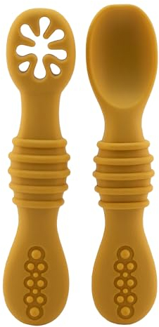 BABYZOCO PreCuchara bebe, Cuchara bebe, Cuchara BLW, Cubiertos de iniciación, Set de cucharas Aprendizaje bebe, Antibacteriana, Ergonómicos, Desde 0 meses hasta 18 meses, Silicona,Amarillo
