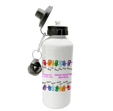 t-shirteria - Borraccia Personalizzata Maestra - Idea Regalo Fine Scuola - Tappo Ermetico Antigoccia e Stampa Anti-scolorimento - Alluminio, Lavabile in Lavastoviglie - 500ml (Matite)