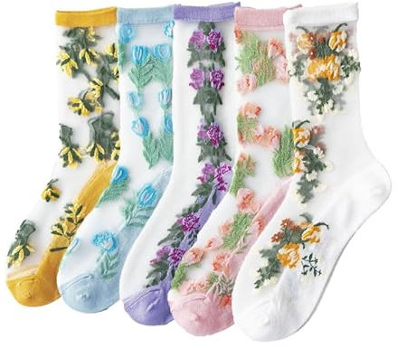 Alxad Socquettes Transparentes en Maille Broderie Fleur Vintage - Chaussettes Fines d'été Fantaisie pour Femmes et Filles - 5 Paires