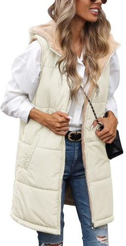 Tuopuda Steppweste Damen Lang Winterweste Outdoor mit Taschen Gilet Übergangsweste Wintermäntel Lang Pufferjacken Ärmellos Kapuzenweste Steppjacke Hooded Daunenweste Geschenk Frauen, Helles Khaki, M