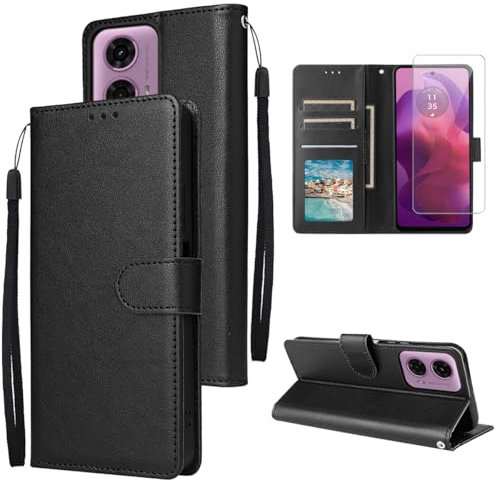Ysjisy Coque Portefeuille Compatible avec Motorola Moto E14 / G24 / G04 avec 1 Pièce Protection Écran en Verre Trempé, PU Cuir Housse, Support et à Rabat Flip Étui - Noir