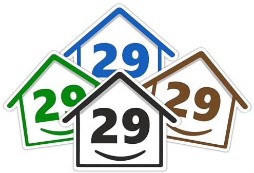 4 x Bin Numbers for Wheelie Bins, 1-99, 15cm ‘Happy House’ Colour Design Dustbin Stickers, Easy Application Stick On Number Stickers - Weatherproof Self Adhesive Vinyl – Blue, Black, Green, Brown (29)
