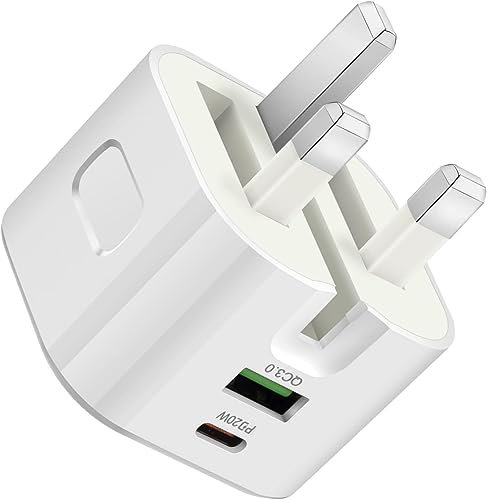 Fast Charger Plug For iPhone 16e/16/16 Pro/16 Pro Max/16 Plus/15/15 Pro/15 Pro Max/15 Plus/14/13/12 USB A + USB C Dual Port Type C PD 20W Super Fast Charging Adapter UK 3 Pin Mains Wall Charger Plug