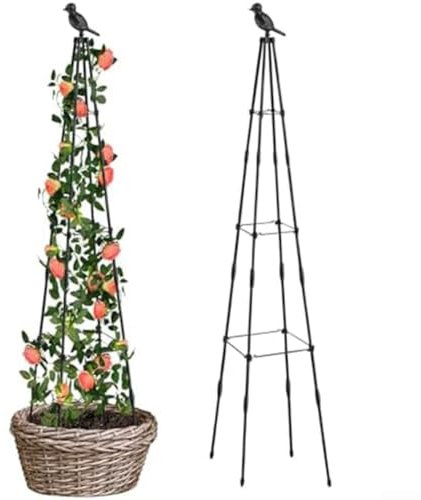 Treillis grimpant en rotin, 130 cm, treillis de jardin en métal, support de plantes d'extérieur pour roses, pois de senteur, tomates, fruits et fleurs (oiseau noir)