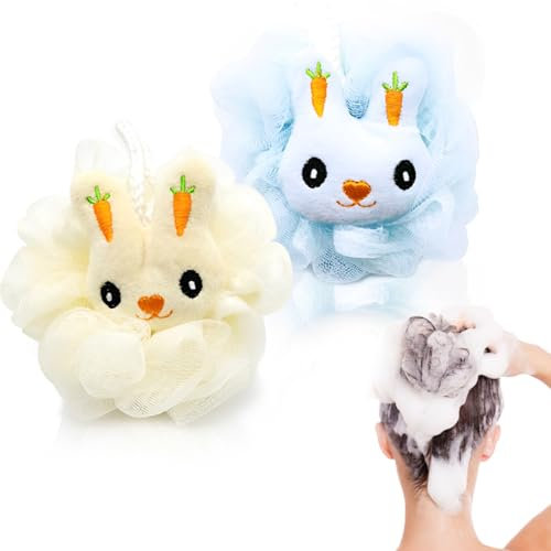 Lot de 2 Fleur de Douche Lavable pour Enfants,Éponge De Douche Fleur de Bain Adorables pour le Corps, Mesh Loofah Sponges Pouf de Douche en Forme d'Animal Éponges Luffa, pour Exfoliation
