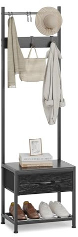 Leader Accessories Garderobenständer mit Bank Platzsparendes Design Metallgarderoben rustikal Kleiderständer 154x30x45cm (HxTxB) Schwarz/Schwarze Holzmaserung