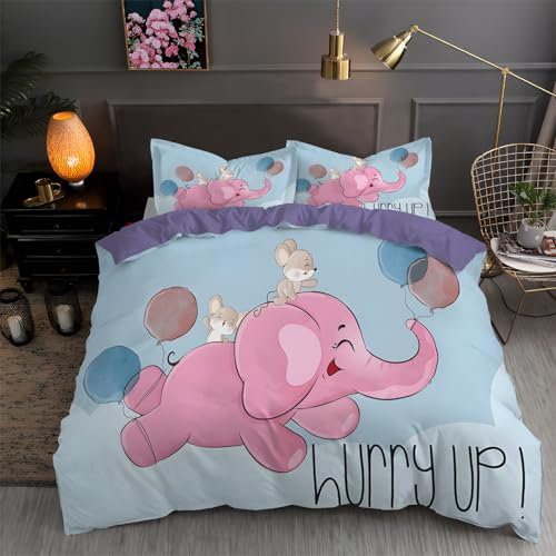 buyluhn Elefant Bettwäsche 135x200cm 3 Teiliges Set Kinderbettwäsche Kuschel Mikrofaser Bettbezug Maus mit Reißverschluss Deckenbezug für Jungen Mädchen mit Kissenbezug 80x80