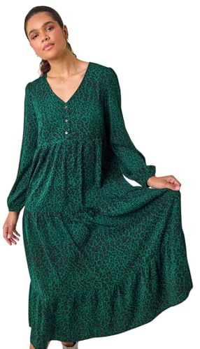 Roman Originals Spot Button Detail Smock Midi Dress for Women UK - Ladies Everyday Autumn Winter V-Neckline Comfy Soft Evening Vacation Work Party Night Out
