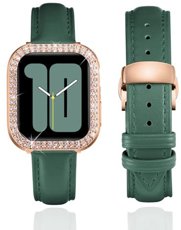 BINLUN Leather Strap Compatible with Apple Watch 45mm 44mm 41mm 40mm Women Leather Band with Glitter Diamond Rhinestone Case Compatible with iWatch Series 9/8/7/SE2/SE/6/5/4(45mm, Green)