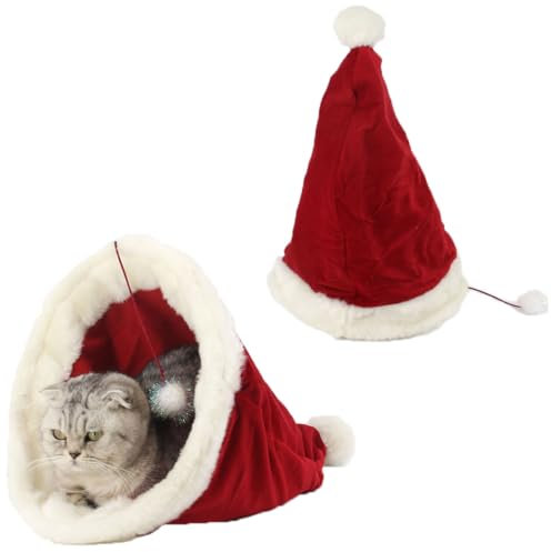 Cat Sleeping Bag, Christmas Hat Warming Cat Bed,Soft Plush Large Cat Sack for Winter Cosy Cat Bed Cave 360°Wrap Comfortable Pet Snuggle Sack for Cats up to 4kg/8.8lb (Red)