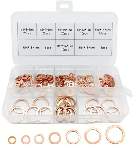 pekifaves 100 Pezzi Rondella di Rame, M4 M5 M6 M8 M10 M12 M14 Rondella Guarnizione Assortimento Kit, rondelle di tenuta in rame ad anello piatto metrico, rondelle piatte