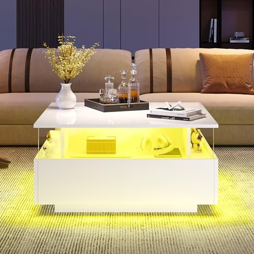 Merax Square Coffee Table with Storage, Modern LED Coffee Table, Square Tea Table with 2 Sliding Drawers, Center Table for Living Room, High Gloss Tabletop, White, 70x70x41cm