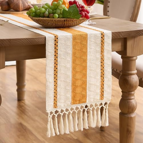 Aisybaklyn Tapete de Mesa Naranja 30x140 cm Boho Moderno Camino de Mesa Estilo Campesino Algodón y Lino Tejido Calado para Decoración Cocinas Fiesta Cumpleaños Boda Comedor