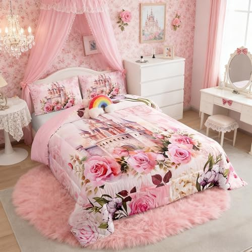 Manfei Girls Castle Comforter Set Dreamy Princess Castle Bedding Pink Rose Flowers Bedroom Decor Butterfly Floral Comforter Toddler Size 2 Pieces Quilted Duvet Set 1 Comforter with 1 Pillowcase