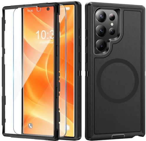 Handyhülle für Samsung Galaxy S22 Ultra Hülle mit Schutzfolie, 360° Stoßfest Robust Panzerhülle für Samsung S22 Ultra Case Cover Schutzhülle mit Magnetisch (Schwarz, Für Samsung Galaxy S22 Ultra)