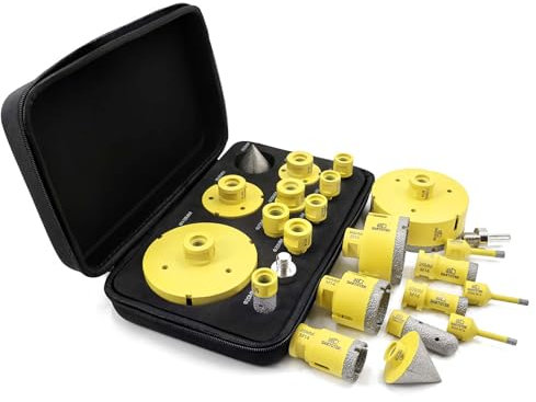 Foret Diamant Carrelage 12 Pièces - 9 Scies Cloche M14 (6/6/8/20/25/35/50/68/110mm), Fraise 20mm, Chanfrein 50mm, Adaptateur M14/Hex pour Céramique, Marbre, Granit, pour Meuleuse