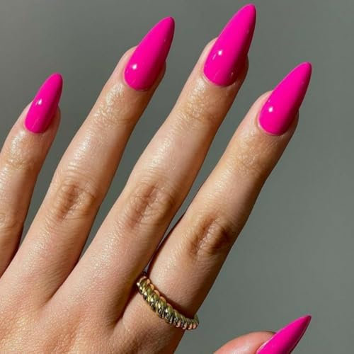 KQueenest Soft Gel Press on Nails Almond Medium, Hot Pink False Nails Almond, Glossy Vibrant Bright Pink Fake Nails Set, Solid Stiletto Reusable Stick on Nail for Women Finger Daily Wear 24 Pcs