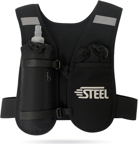 Gilet Running d'hydratation Réfléchissant LED Recheargeable, Porte-Bouteille d'eau, Ajustable, Gilet léger, Gourde d'hydratation de 500 ML pour randonnée, Trail, Course à Pied, Marathon (Noir)
