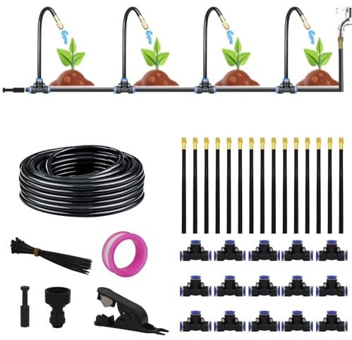 Irrigation System Kit,360°Adjustable Automatic Garden Watering System with 15 Nozzles, Quick Connect Drip Irrigation System for Garden,Greenhouse, Lawn Yard & Plants,5/16 inch Hose(49.2Ft/15M)