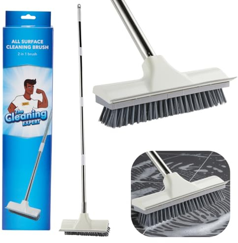 The Cleaning Expert 2-in-1 Broom & Squeegee - Scrubbing Brush with Stiff Bristles & Telescopic Handle for Bathroom, Tiles, Floors & Windows - Wet & Dry Cleaning Tool for Indoors & Outdoors
