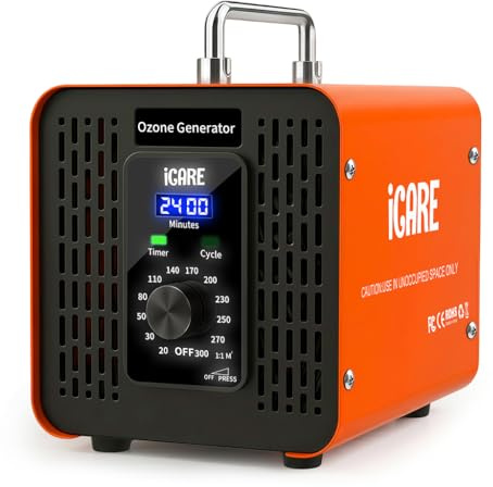 ICARE Generatore di Ozono Professionale 60000mg/h con Manopola Elettronica | Purificatore d'Aria Deodorante per 300㎡, Macchina Ozono con Timer 120 Min, Ozonizzatore per Casa, Auto, Hotel Arancione