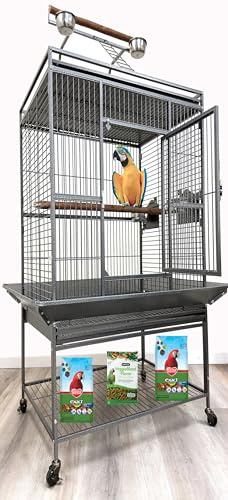 Large Elegant and Durable Wrought Iron Play Ground Perch Stand Top Climbing Ladder Bird Parrot Rolling Metal Cage with Around Seed Guard Storage Shelf On Heavy Duty Lockable Rolling Wheels