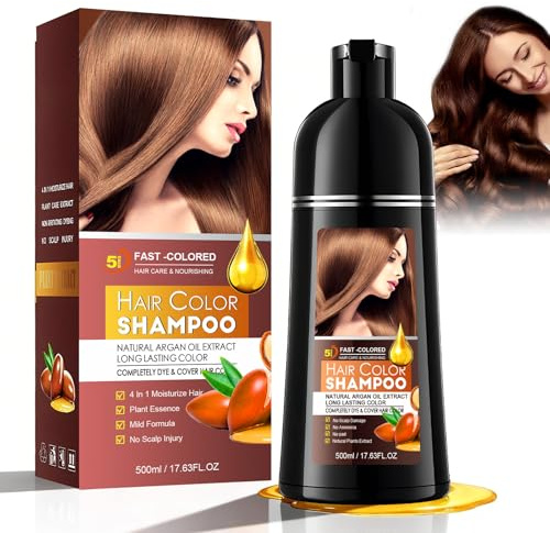 500ml Champú Colorante Castaño 4 en 1 con Aceite de Argán,Hair Dye Shampoo,Champú Tinte Cubre Canas,Nutre Y Protege El Cabello,Cubre Canas Fácil y Rápido Para Hombres y Mujeres (Castaño)
