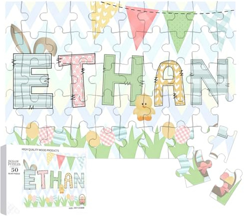 Personalised Easter Jigsaw Puzzle with Name,35PCS,50PCS,200PCS,500PCS Custom Samll Jigsaw Easter Basket Presents for Girls Boys Kids Heterogeneous Blocks Wooden Puzzles Personalized