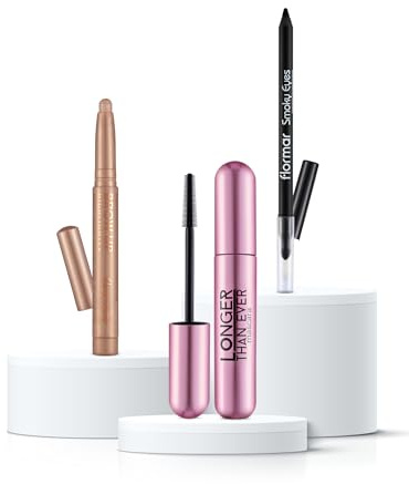 Flormar Ultimate Eye Set – 3-tlg. Make-up Kit – Longer Than Ever Mascara (Länge & Pflege), Smoky Eyes Eyeliner (Carbon Black) & Brow Up Highlighter (Champagne) – Wasserfest & Langanhaltend