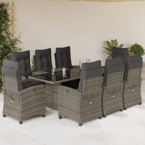 QUAHEAS 9-TLG. Garten-Essgruppe mit Kissen Grau, verstellbarem Poly Rattan Sessel, Glastisch für Terrasse, Balkon, Gartenmöbel Set