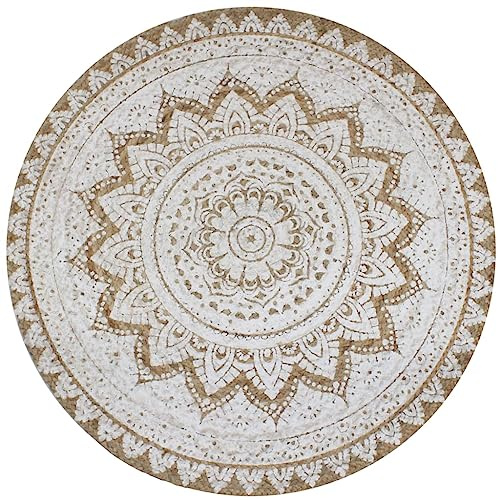 Foknhdi Runder Jute Teppich 90 cm Mandala Natur Beige Handgeknüpft Wendbar Robust & Langlebig für Wohnzimmer Schlafzimmer Flur Balkon