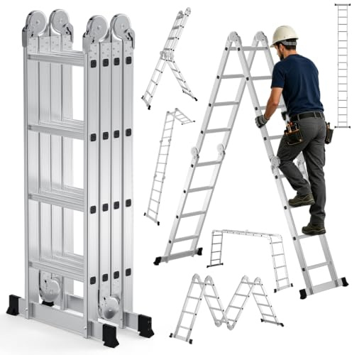 Jaxguom 4x4 Mehrzweckleiter Aluminium, 16 Sprossen, 4,68 m | 4-teilige Gelenkleiter bis 150 kg, klappbar als Anlegeleiter, Stehleiter und Treppenleiter für Haus und Werkstatt