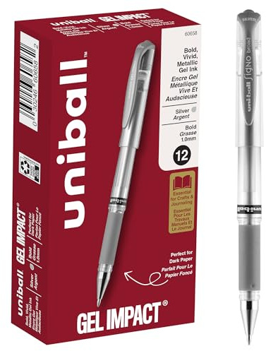 Uniball Impact Gelstift, Medium, 1 mm, silberfarbene Metallic-Tinte, silberner Schaft