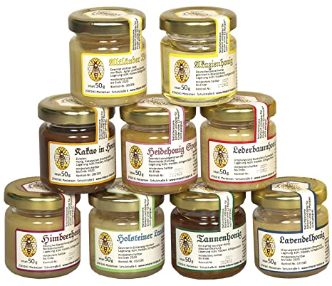 9x 50g de dégustation de miel | Coffret cadeau - miel naturel à connaître, la combinaison varie (du rucher Nordheide)