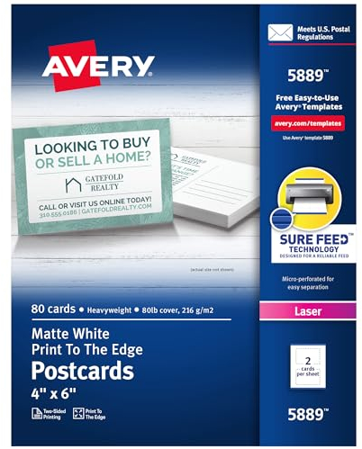AVERY Bedruckbare Postkarten mit Sure Feed Technologie, 10,2 x 15,2 cm, weiß, 80 Blanko-Postkarten für Laserdrucker (5889)