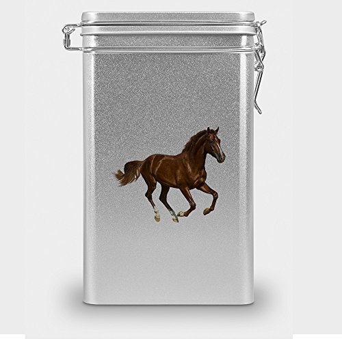 Pferdefutterdose Trakehner, Vorratsdose, Leckerliedose, Blech-Dose, Pferdenapf mit Motiv Trakehner - silber