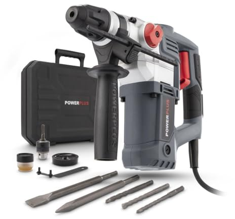 POWER plus Elektro-Schlagbohrmaschine POWE10060-3 in 1: (Schlag-) Bohren und Meißeln, 900 W Bohrmaschine, 4 J, SDS-plus, 6 Zubehörteile