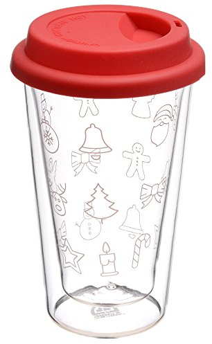 GRÄWE Glas-Becher, 0,3 Liter - doppelwandiger Coffee to Go/Glühwein-Isolierbecher mit rotem Silikon-Trinkdeckel und Weihnachtsmotiven