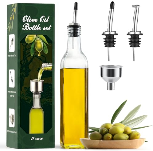 AOZITA 17oz Clear Glass Olive Oil Dispenser Bottle - 500ml Oil & Vinegar Cruet with Pourers and Funnel - Olive Oil Carafe Decanter for Kitchen