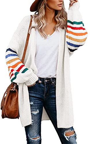 AlvaQ Women's Cardigans Long Sleeve Open Front Rainbow Striped Color Block Loose Casual Womens Oversized Cardigan Ladies Long Lightweight Knit Outwear Coat Jacket Sweaters White M UK 10 12
