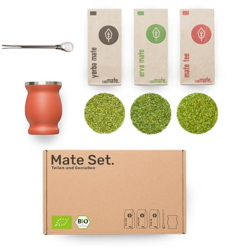 Mate Tee Set Bio ● 3 Matesorten + doppelwandiger Edelstahl Matebecher + Bombilla + Zubereitungsanleitung (rot)
