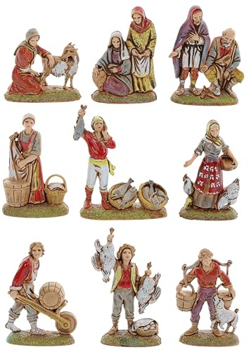 Moranduzzo Set 9 Neapolitanische Hirten für 6 cm Krippe Maßstab 1:32 – MINI 6 – Unzerbrechliche Figur, Stil '700, Handbemalt, Bildhauer M. Landi, Hergestellt in Italien
