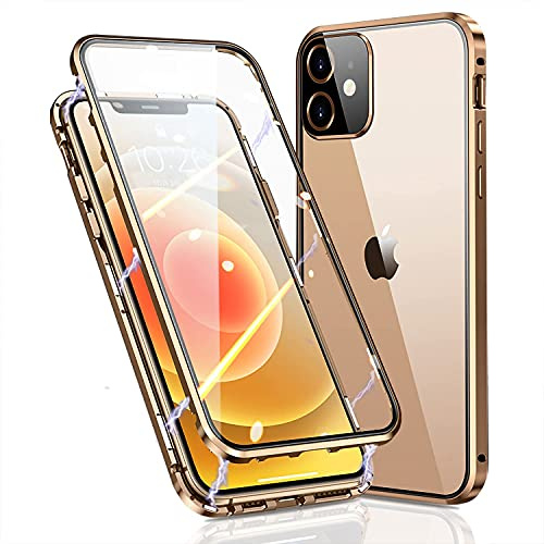 Kompatibel für iPhone 12 Pro Max Hülle Magnetische Adsorption Case Metallrahmen Handyhülle Ultra Dünn 360 Grad Schutzhülle Vorne und Hinten Vollbild Display Schutz Gehärtetes Glas Flip Cover,Gold