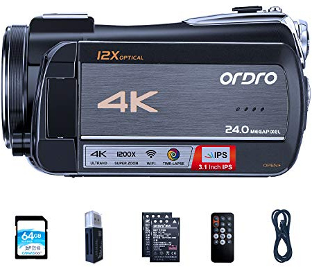 ORDRO Video Camera 4K Livestream Camcorder HDR-AC5 12X Optical Zoom Video Recorder 3.1'' IPS Touchscreen Live Broadcast Camcorder with 6.5ft USB Livestreaming Cable and 64GB Memory Card