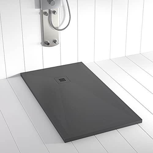 Receveur de douche en résine PLES Anthracite avec grille couleur 100x80 – Texture ardoise – Antidérapant – Grille et siphon inclus
