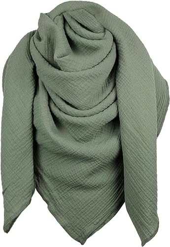 XXL Musselin Tuch Schal 100% feine Baumwolle 130x130cm Damenhalstuch Halstuch Musselintuch Musselin Damen Herren Männer Frauen, Farbe:Khaki