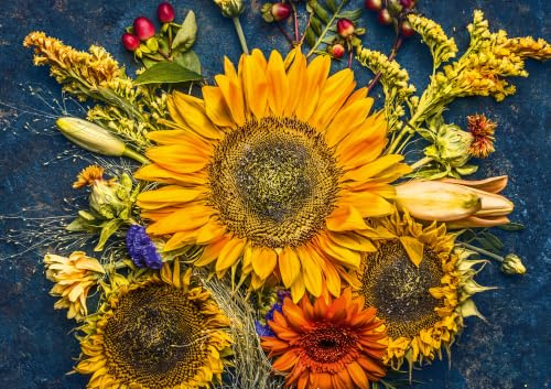 Ulmer Puzzleschmiede - Puzzle „Spätsommer - Klassisches 1000 Teile Blumen-Puzzle – Puzzlemotiv mit Sonnenblumen, als herbstliches Blüten-Arrangement schön in Szene gesetzt - für Garten-Freunde