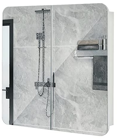 Meerveil Bathroom Mirror Cabinet, Wall-mounted Storage Cabinet with 2 Doors 5 Shelves Wooden Modern Style, 68 x 13 x 66 cm, White