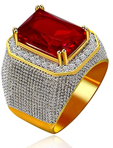 Uloveido Männer Gold Plated Simulierte Rote Granat Ring Hochzeit Band Super Big Red Cubic Zirkonia Verlobungsringe für Männer Januar Geburtsstein Ring für Papa